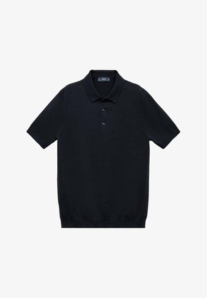 Black short-sleeve polo shirt made from smooth fabric with a classic collar and three-button placket; features a straight hem at the bottom.