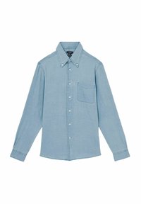 Lichtblauw denim overhemd met lange mouwen, button-down kraag, borstzak en witte knopen. Glad textuur met een klassieke pasvorm.