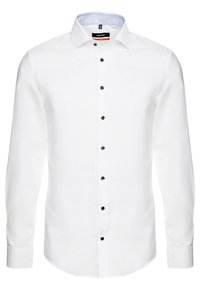 Vit långärmad skjorta med knappar och klassisk krage, mörka knappar och ljusblå innerskjorta. Slät textur och skräddarsydd passform.