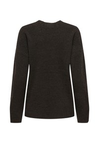 Mørkebrun genser med lange ermer og ribbet halslinning. Baksiden har en glatt tekstur med en avslappet passform og enkelt design.