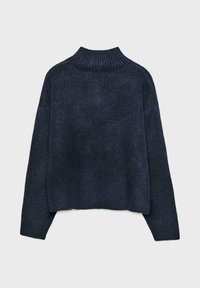 Dark navy cropped sweater with a high ribbed collar and long sleeves, made of soft, textured knit fabric.