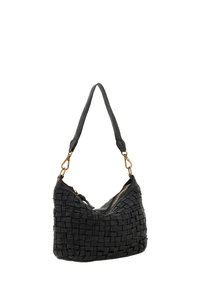 Borsa a tracolla in pelle intrecciata nera con una forma curvata e morbida, dotata di una sola tracolla e dettagli in metallo dorato, inclusa la cerniera.