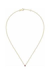 Goldene Kette mit einem zarten Link-Design, ausgestattet mit einem kleinen rosa Edelstein-Anhänger in der Mitte.