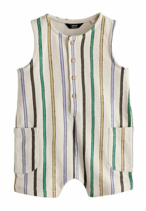 Bez rękawów kombinezon dla niemowląt w pionowe paski w kolorach zielonym, żółtym, brązowym i fioletowym, z guzikami z przodu i dwoma bocznymi kieszeniami.