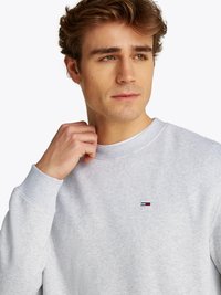 Ung mand med lyst brunt hår iført en lysegrå sweatshirt med et lille rødt, hvidt og blåt logo på brystet, der holder i kraven.