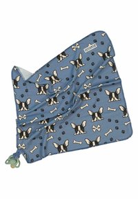 Pehme sinine kangast tekk, millel on joonistatud mustrid prantsuse buldogidest, käppade jälgedest ja luudest. Ühes nurgas on imetamisnibu külgeöötmine.