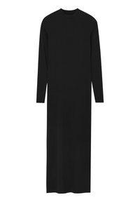 Schwarzes Langarmkleid aus weichem Stoff. Hat einen runden Halsausschnitt und eine gerade Silhouette, die bis zur Knöchellänge reicht, ohne Muster.