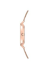 Roségoldene Uhr mit einem schlanken, runden Gehäuse und einem geflochtenen Mesh-Armband. Das Zifferblatt ist schlicht und weist minimalistische Details sowie eine einzelne Krone auf.