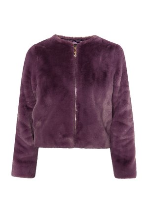 Lila Kunstfelljacke mit Rundhalsausschnitt, langen Ärmeln und Vorderreißverschluss. Weicher Stoff mit cropped Design.