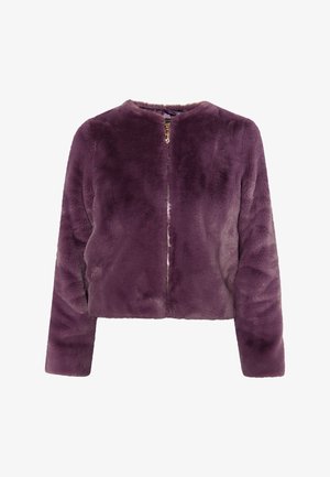 Lila Kunstfelljacke mit Rundhalsausschnitt, langen Ärmeln und Vorderreißverschluss. Weicher Stoff mit cropped Design.