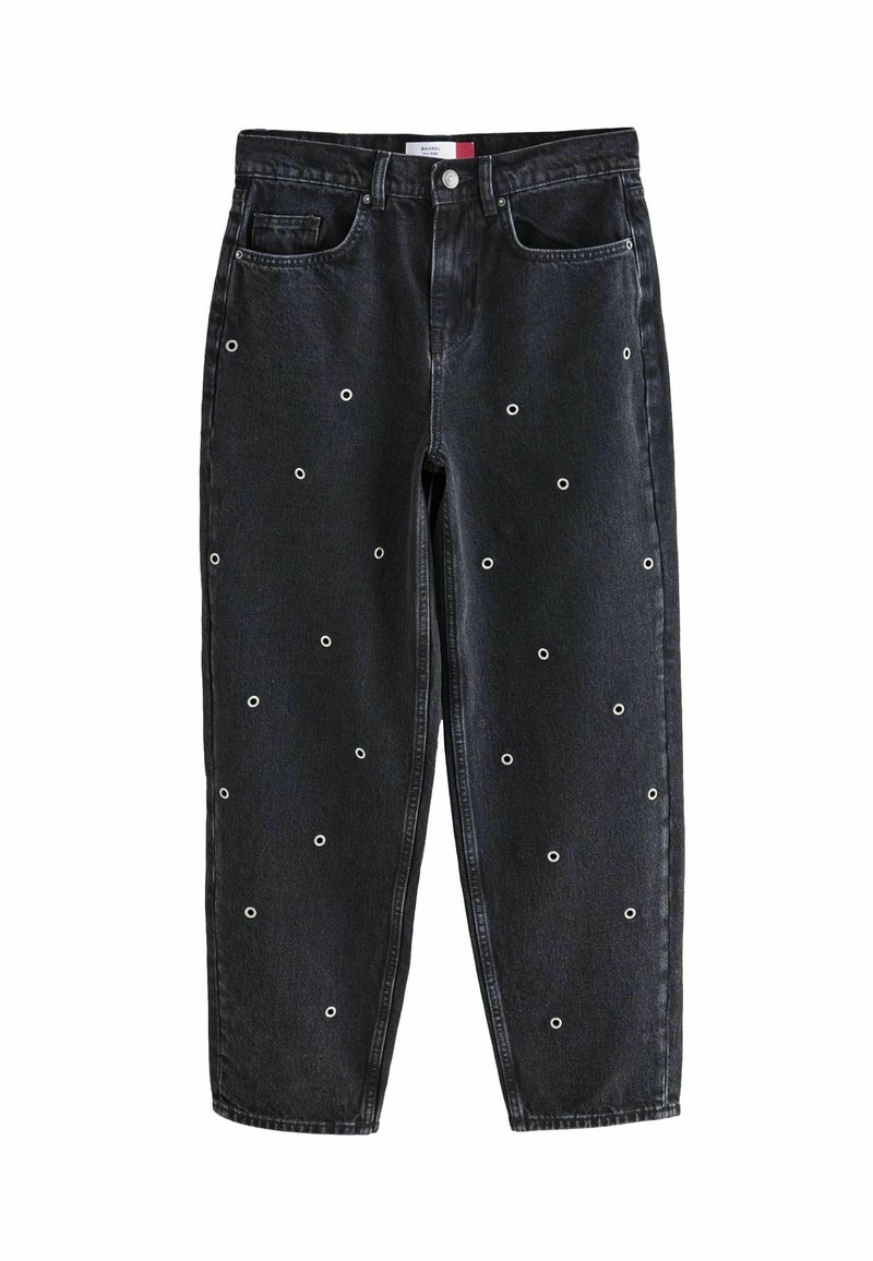 Jean en denim noir à coupe décontractée, avec des œillets ronds sur le devant et un design classique à cinq poches.