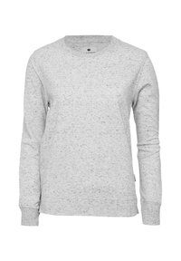 Lys grå sweatshirt med et struktureret, plettet mønster. Har en rund hals, lange ærmer og ribbede manchetter for en tætsiddende pasform.