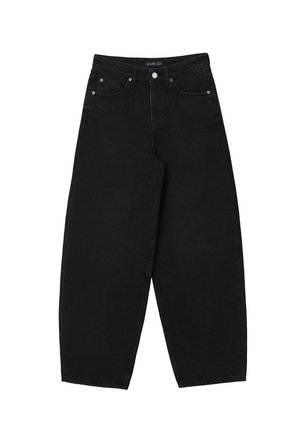 Jeans in denim nero a vita alta e gamba larga con una forma strutturata, dotati di rivetti in rame e design a cinque tasche, texture liscia.