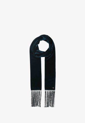 Samt-Schal in dunklem Blaugrün, mit langen, detaillierten Fransen an einem Ende. Glatte Textur und ein geschlungenes Design für vielseitiges Tragen.