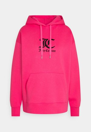 Fuchsia pink hoodie made of soft fabric, featuring a large kangaroo pocket, drawstring hood, and black printed logo on the chest.