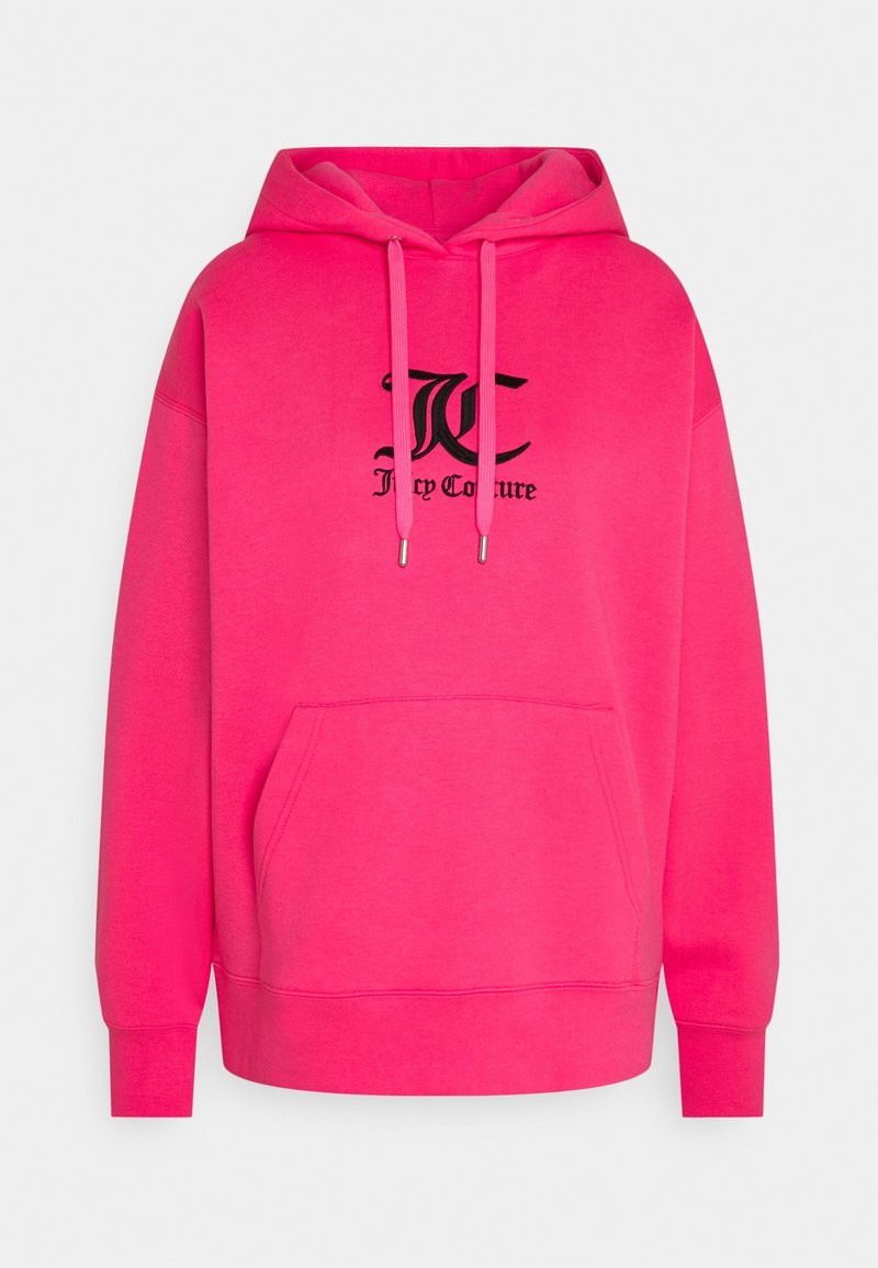 Fuchsia rosa hoodie i mjukt tyg, med en stor kenguruficka, dragsko-hette och svart tryckt logotyp på bröstet.