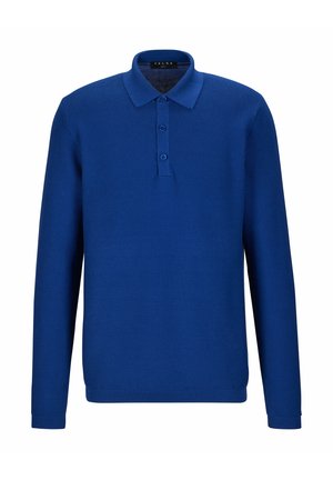 Koszulka polo z długim rękawem w intensywnym niebieskim kolorze, wykonana z fakturowanej tkaniny, z kołnierzykiem i trzema guzikami.
