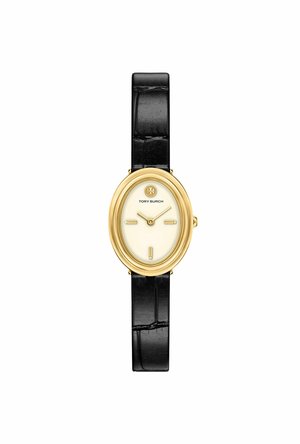 Montre-bracelet ovale ton or avec cadran crème, index horaires minimalistes, bracelet en cuir noir et logo Tory Burch à la position 12 heures