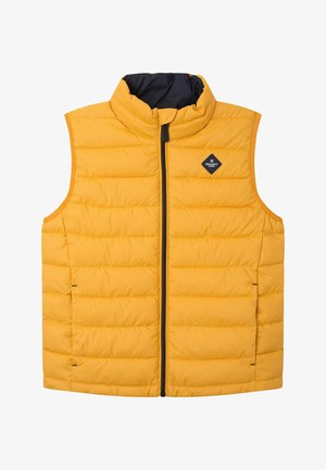 Gelbe Pufferweste mit hohem Kragen, Reißverschluss an der Vorderseite und dezentem gestepptem Design. Hat ein dunkelblaues Futter und ein kleines Markenlogo-Patch auf der Brust.