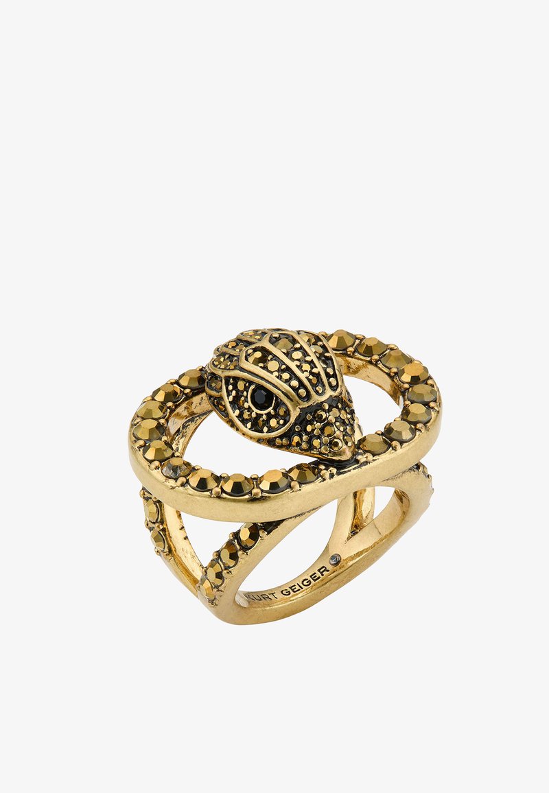 Gold-tone ring featuring a snake head design with black and gold rhinestones encircling the band, signed Kurt Geiger inside.