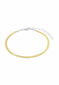 Guldtonad armbandsur med en platt, vävd design. Karbinlås och justerbar kedjedetalj i silvermetall för en anpassad passform.