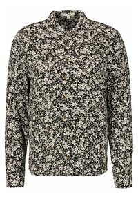 Camicia nera a maniche lunghe con fiori, caratterizzata da chiusura a bottoni, piccoli fiori bianchi e colletto classico. Realizzata in tessuto leggero.
