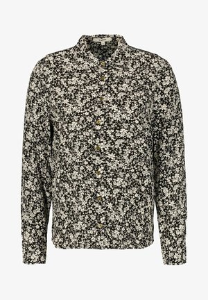 Black floral long-sleeve shirt featuring a button-up front, small white flowers, and a classic collar. Made from lightweight fabric.
