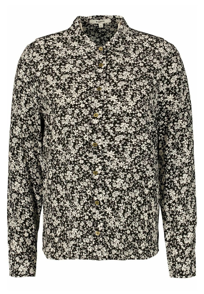 Camicia nera a maniche lunghe con fiori, caratterizzata da chiusura a bottoni, piccoli fiori bianchi e colletto classico. Realizzata in tessuto leggero.