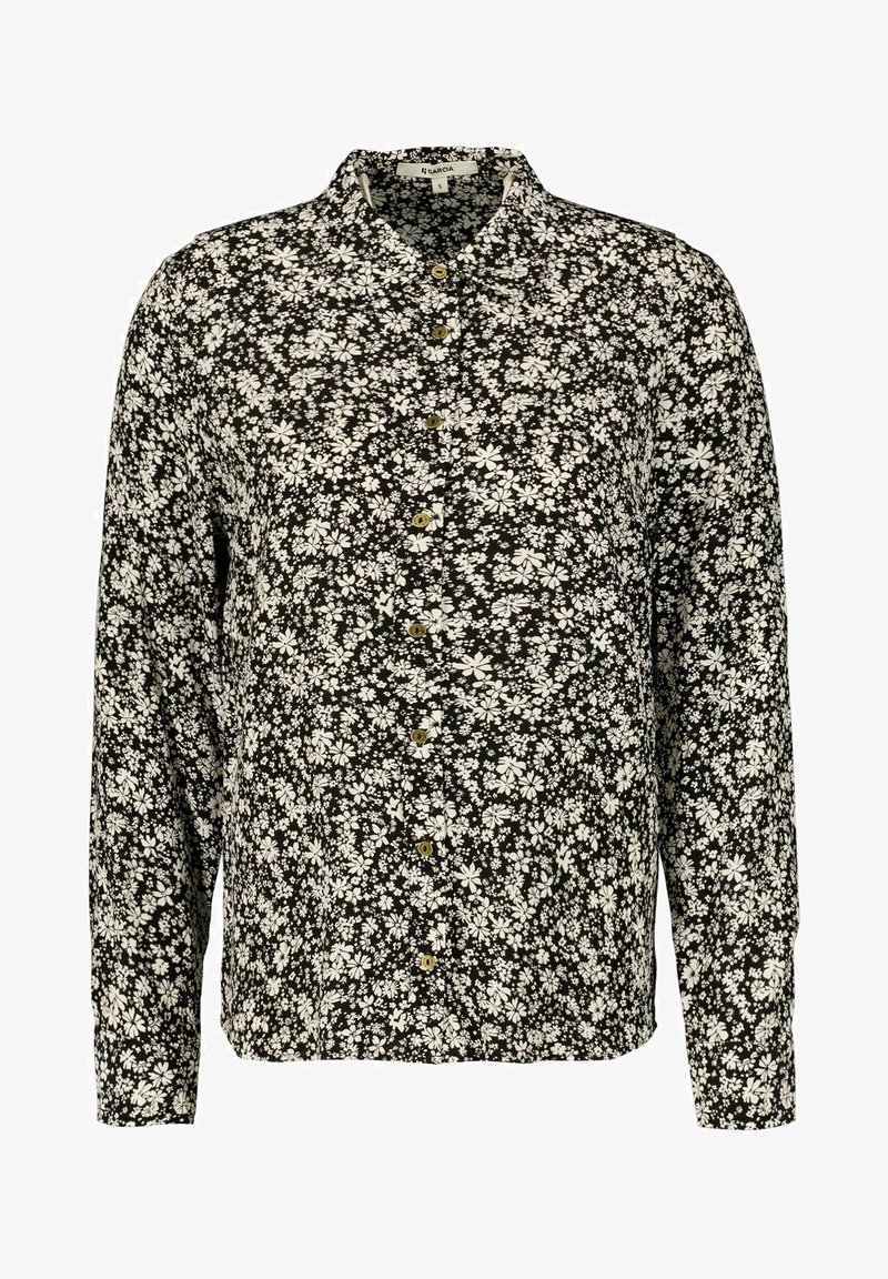 Camicia nera a maniche lunghe con fiori, caratterizzata da chiusura a bottoni, piccoli fiori bianchi e colletto classico. Realizzata in tessuto leggero.