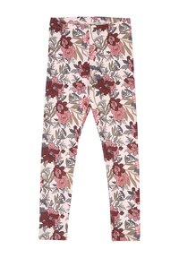 Leggings con un motivo floreale rosa, bordeaux e grigio su uno sfondo beige chiaro, mostrati distesi con vita elasticizzata.