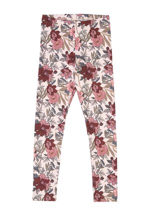 Leggings mit rosa, kastanienbraunem und grauem Blumenmuster auf einem hellbeigen Hintergrund, flach liegend mit elastischem Bund.