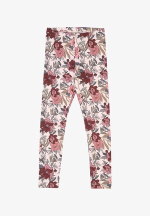 Leggings avec un motif floral rose, bordeaux et gris sur un fond beige clair, présentés à plat avec une taille élastique.