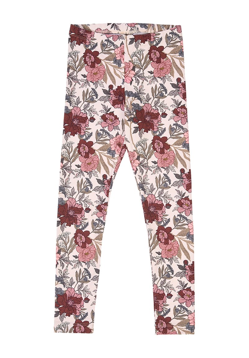 Leggings con un motivo floreale rosa, bordeaux e grigio su uno sfondo beige chiaro, mostrati distesi con vita elasticizzata.