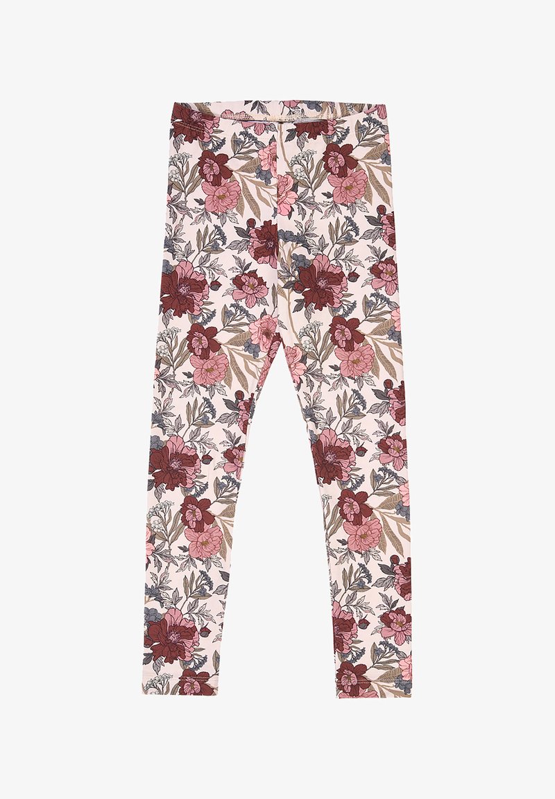 Legginsit, joissa on vaaleanbeige tausta ja pinkki, tummanpunainen sekä harmaa kukkakuosi, esitettynä tasaisena elastisen vyötärönauhan kanssa.