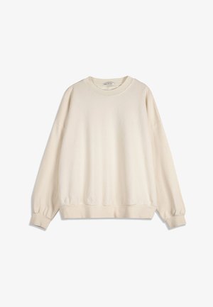 Sweat-shirt à manches longues de couleur crème avec poignets, ourlet et encolure côtelés, offrant une coupe décontractée sans motifs ni logos visibles.