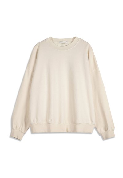 Sweat-shirt à manches longues de couleur crème avec poignets, ourlet et encolure côtelés, offrant une coupe décontractée sans motifs ni logos visibles.