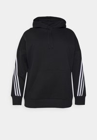 Sudadera negra con capucha y mangas largas, que presenta un bolsillo frontal y tres rayas blancas en cada manga. Tejido suave y corte holgado.