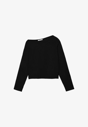 Crna dugačka kratka majica s dugim rukavima i širokim okruglim izrezom, položena ravno na bijeloj pozadini.