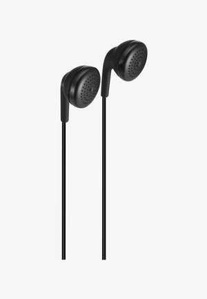 Black wired earbuds with rounded speaker covers featuring small perforations on a white background.