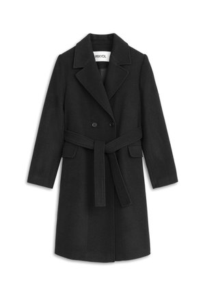 Schwarzer Wollmischungs-Mantel mit doppelter Knopfleiste, Reverskragen, seitlichen Taschen und einem passenden Gürtel zum Verschließen.