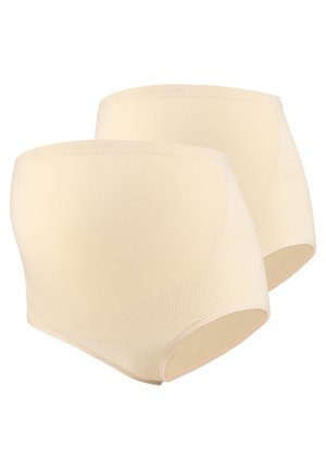 Beżowa, bezszwowa bielizna wysoka w talii o gładkiej strukturze, elastycznym materiale i prążkowanymi detalami po bokach. Opakowanie zawiera dwie sztuki.