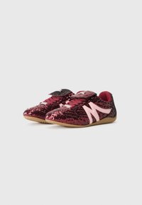 Sequined athletic shoes featuring burgundy and black colors, pink accents, rounded toe, and rubber sole with textured grip.