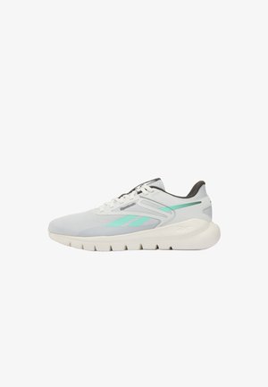 Weißer und grauer Reebok-Laufschuh mit türkisen Logoakzenten, dicker Sohle und Schnürdesign, seitlich in der Profilansicht nach links gerichtet.