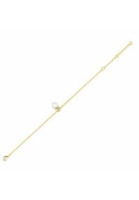 Bracciale in oro con una perla rotonda liscia e trasparente. Presenta un design delicato e una chiusura con gancio a polpo.
