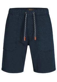 Shorts bleu marine avec une taille élastique, accompagnés d'un cordon de serrage présentant des motifs noirs et blancs. Comprennent deux poches avant.