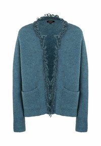 Blauer Strickcardigan mit ausgefransten Kanten, offenem Frontdesign, zwei vorderen Taschen und strukturierter Stoffqualität. Legerer Stil, weiches Material.