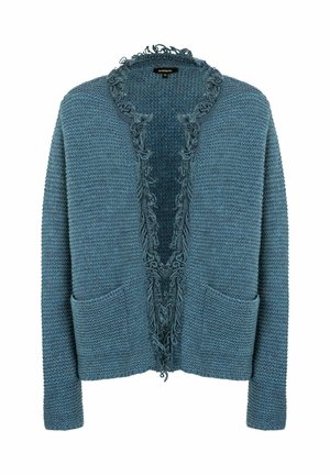 Blauer Strickcardigan mit ausgefransten Kanten, offenem Frontdesign, zwei vorderen Taschen und strukturierter Stoffqualität. Legerer Stil, weiches Material.