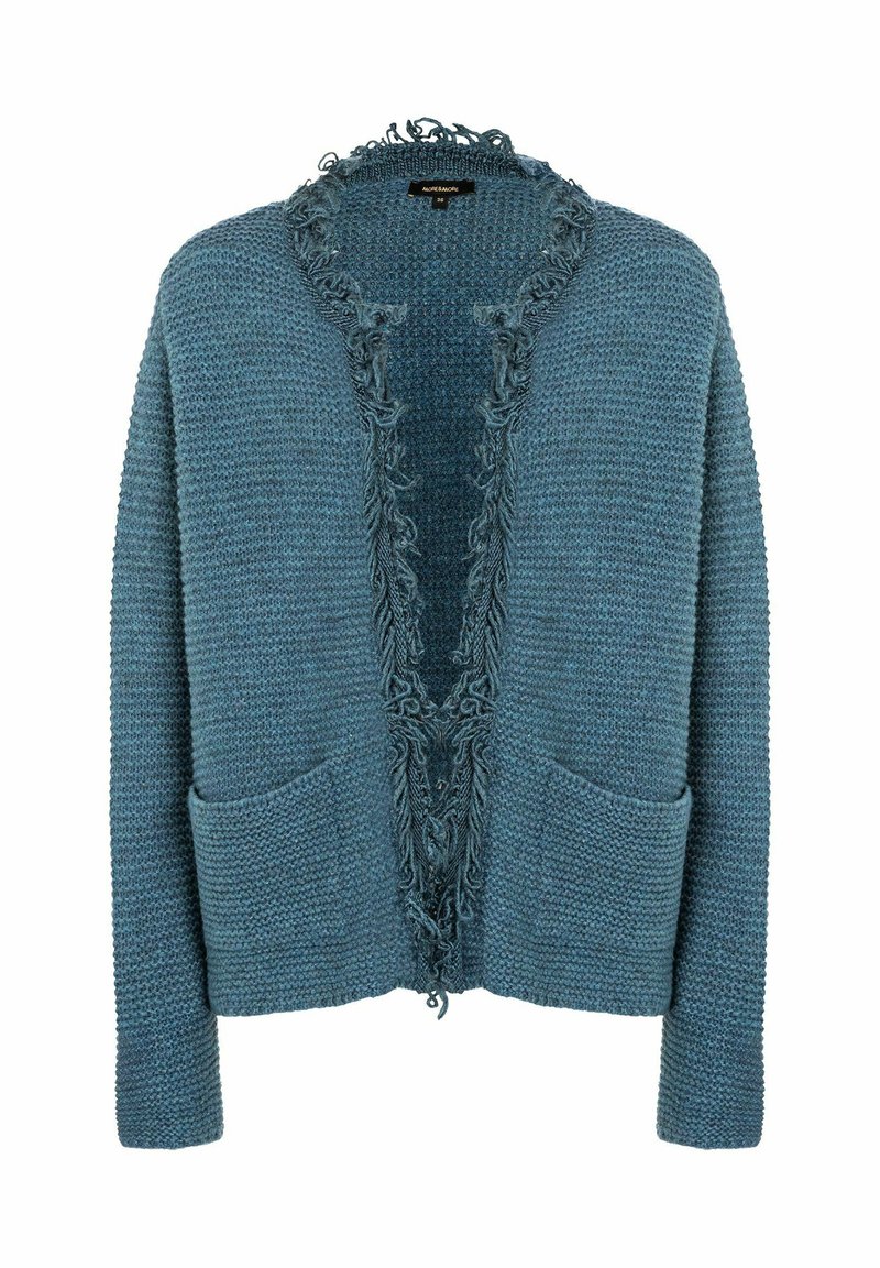 Blauer Strickcardigan mit ausgefransten Kanten, offenem Frontdesign, zwei vorderen Taschen und strukturierter Stoffqualität. Legerer Stil, weiches Material.