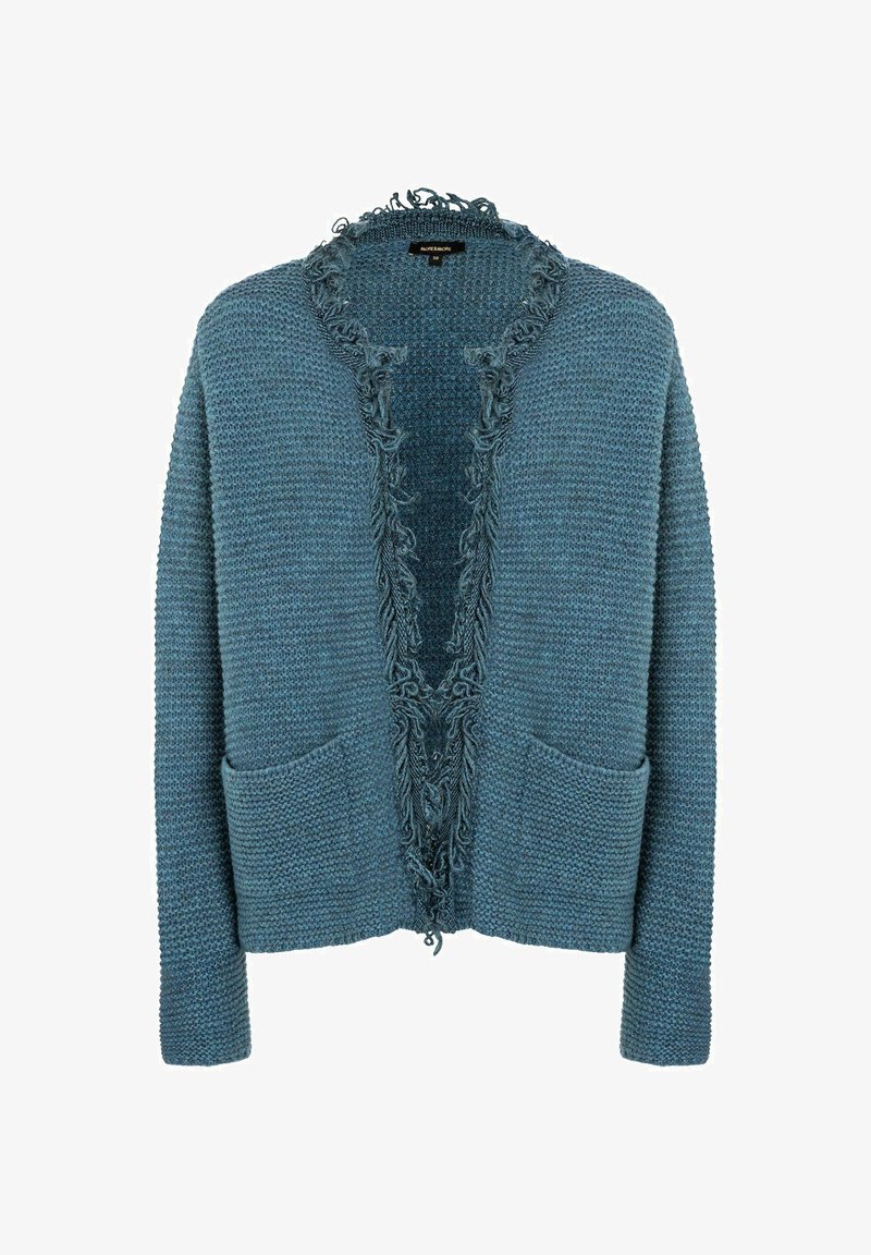 Blauer Strickcardigan mit ausgefransten Kanten, offenem Frontdesign, zwei vorderen Taschen und strukturierter Stoffqualität. Legerer Stil, weiches Material.
