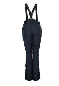 Black insulated ski pants with adjustable suspenders, side pockets, and a streamlined fit. Features branded straps and zippered hems.